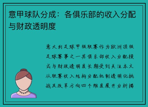 意甲球队分成:各俱乐部的收入分配与财政透明度